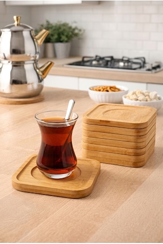 Bambu Kare Çay Tabağı Ve Altlığı Seti 6'lı Ahşap Bardak Altlığı & Çay Sunumluğu 00104