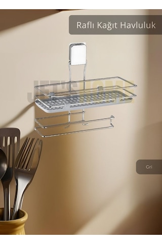 Jet's Home Yapışkanlı Raflı Kağıt Havluluk Paslanmaz Peçetelik Çelik Banyo Havluluk Düzenleyici Gri Gri