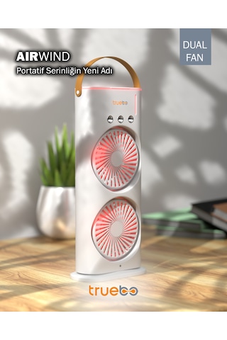 Truebo AirWind - Masaüstü Buhar Püskürtmeli Taşınabilir Şarjlı Led Işıklı Çift Fanlı Vantilatör