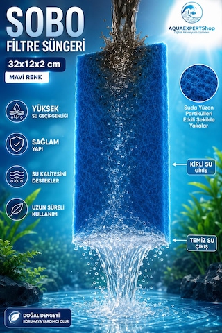 Sobo Akvaryum Filtre Süngeri 32x12x2 Cm - Üstün Temizlik Gücü Ve Yüksek Su Geçirgenliği - Mavi Renk