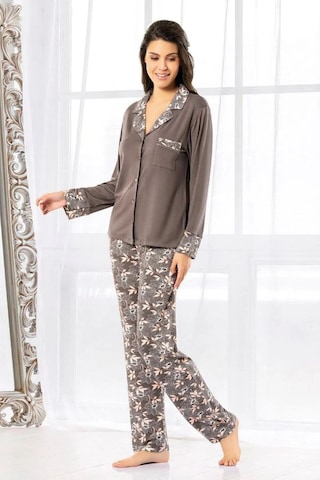 Faal 8603 Kadın Uzun Kollu Önden Düğmeli Pijama Takımı-kahve Kahve