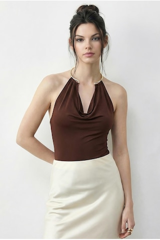 Shade Kadın Boyundan Aksesuarlı Degaje Yaka Altı Çıtçıtlı Bodysuit 3546 60286007 - Acı Kahve Çok Renkli