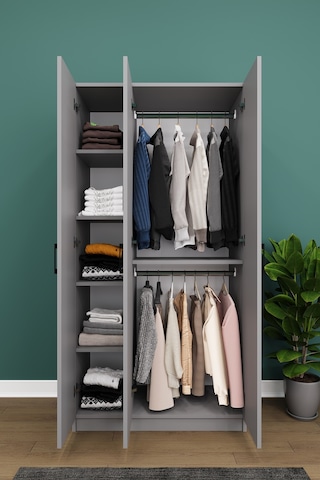 Asra Trend 3 Kapaklı Gardırop G-07 %100 MDF Kompakt Kıyafet Dolabı Kül Gri