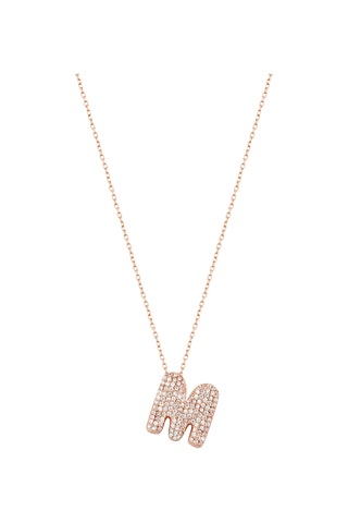 Beyaz Zirkon Taşlı Gümüş Harf Kolye - M Harfi Rose Gold