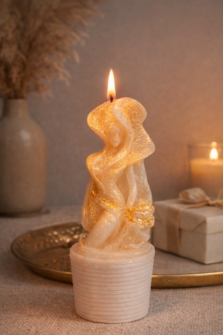 Medusa Candle-el Yapımı Işıltılı Kadın Figürlü Dekoratif Mum Beyaz-sarı