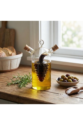 2&apos Si 1 Arada Cam Yağlık Ve Sirkelik - İç İçe Geçmeli Çift Hazneli Dekoratif Sosluk - Mantar Kapaklı Zeytinyağı Ve Sirke Şişesi 240ml + 60ml Acı Kahverengi