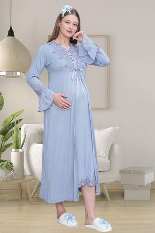 Mecit 1518 Mavi Sabahlıklı Lohusa Gecelik Takım