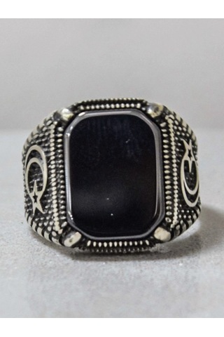 Gümüş Ay Yıldız Model Kare Oniks Taşlı Erkek Yüzük