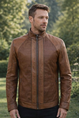 Viamod Leather Erkek Kahverengi Hakim Yaka Modern Tasarım Dokulu Saf Deri Mont 4631 Kahverengi - Taba