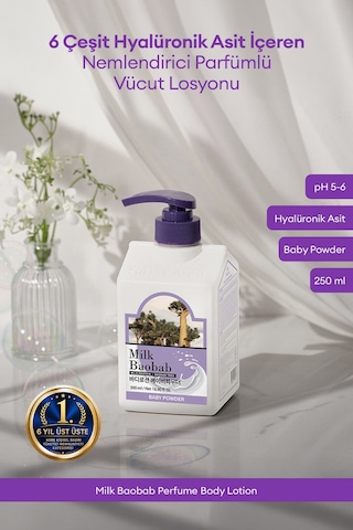 6 Hyalüronik Asitle Nemlendiren Parfümlü Vücut Losyonu Mılk Baobab Perfume Body Lotion Baby Powder