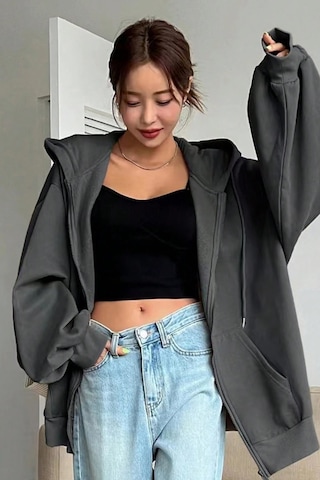 Modagen Unisex Oversize Fermuarlı Sweat Hırka Füme