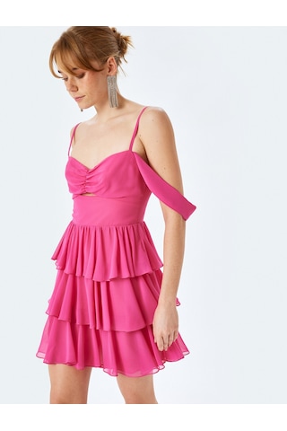 Koton Katlı Volanlı Kısa Kollu Kalp Yaka Mini Elbise Pembe 5sak80042fw Gül