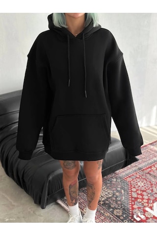 İkales Kapşonlu Üç İplik Penye Basic Sweatshirt - Siyah