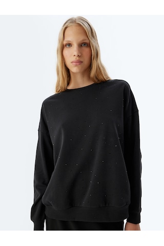 Koton Oversize Sweatshirt Bisiklet Yaka Taş Detaylı Uzun Kollu Pamuklu Siyah 5wal10494ık Siyah