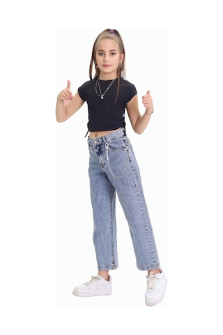 Gzt Tekstil Kız C Ocuk Pantolon Kız Çocuk %100 Pamuk Bol Paça Zincirli Jeans Kot Pantolon 6-15 Yaş Denim