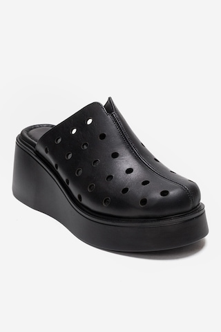 Luvishoes Nıves Siyah Hakiki Deri Delikli Kadın Dolgu Topuklu Terlik