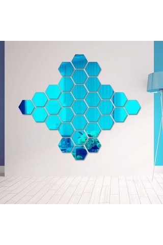 Skycity Mavi Akrilik Yansıtıcı Duvar Stickerı - Altıgen Desen, 20x17 Cm, 1 Mm Kalınlık, 12 Adet, Otomatik Yapışkan Mavi