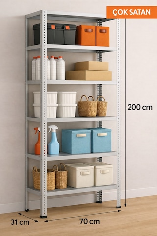 6 Katlı Elektrostatik Toz Boya Çelik Raf - Depo, Arşiv, Dosya, Market Rafı 31x70 Cm-200 Cm-0.70 Mm Elektrostatik Gri