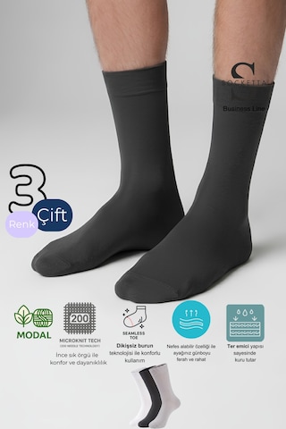 Socketta 3'lü Karışık Renkli Erkek Business Modal Dikişsiz Takviyeli İnce Yazlık Soket Çorap - Premium Beyaz-gri-füme