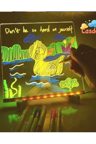 Neon Işıklı 7 Renk Işık Boyama Kalemli Led Resim Panosu Boyama Tahtası Kalemleri 20 X 20 Renkli