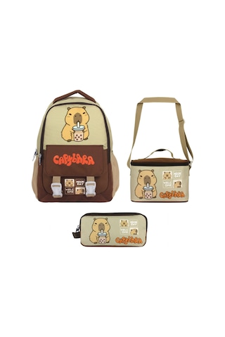 Capybara Erkek Çocuk - Kahverengi - Bej İlkokul Üçlü Çanta Seti - Setcpb5200a Çok Renkli
