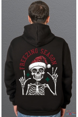 Bumeta Noel Temalı Christmas Freezing Season Sweatshirt Unisex Kapüşonlu Hoodie Siyah