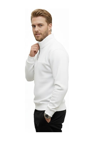 Deepsea Erkek Beyaz Relax Fit İçi Polarlı %100 Pamuk Yarım Fermuarlı Dik Yaka Sweatshirt 2600760 Beyaz