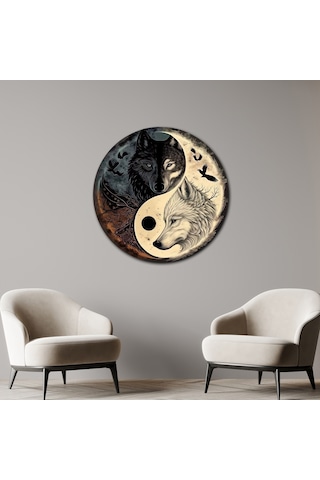 Yin Yang Kurtlar Yuvarlak Metal Tablo