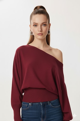 Fiolin Omuzu Açık Off Shoulder Triko Kazak Bordo