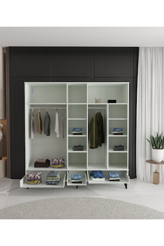 Derin 5 Kapaklı Çekmeceli Gardırop - Tamamı Mdf Beyaz