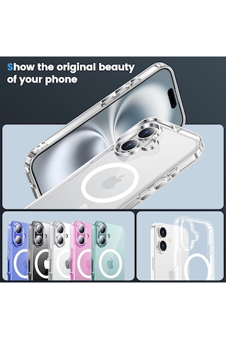 Apple İphone 16 Plus Kılıf Magsafe Wireless Kablosuz Şarj Destekli Şeffaf Darbe Emici Kapak Şeffaf