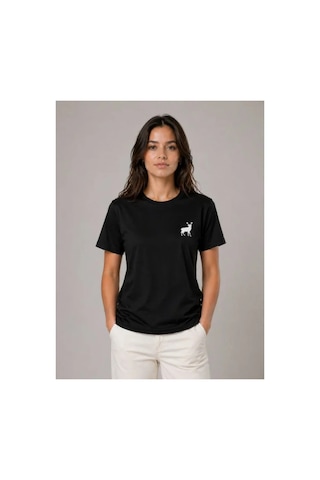 Butik İstanbul Minimal Geyik Logolu Tişört Bisiklet Yaka Kısa Kol Yazlık T-shirt - Siyah