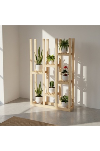 Woodesta Masif Ahşap Dekoratif Çiçeklik - 120x120 Cm Çok Katlı Modern Bahçe Balkon Saksılık Standı Bej