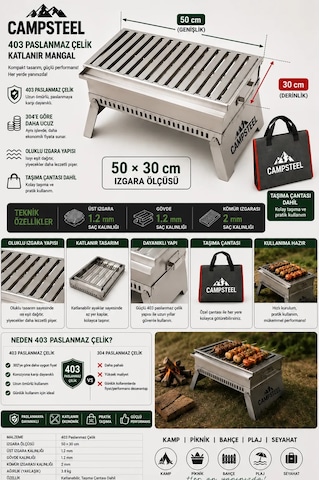 Campsteel "grand-pro" 50x30 Cm Alev Yapmayan Katlanabilir Inox Mangal Gri