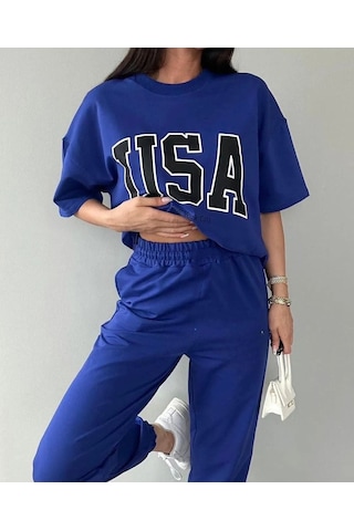 Usa T-shirt Eşofman Altı Jogger- Mavi Baskılı Alt Üst Eşofman Takım Oversize Bisiklet Yaka Mavi