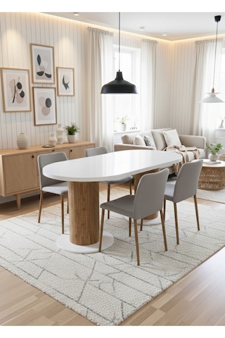 Oslo 180x90x74cm 36mm Kalın Kenarlı Oval Beyaz Sütunlu Yemek Masası Sandalye Yok Sadece Masadır Beyaz-atlantik Çam