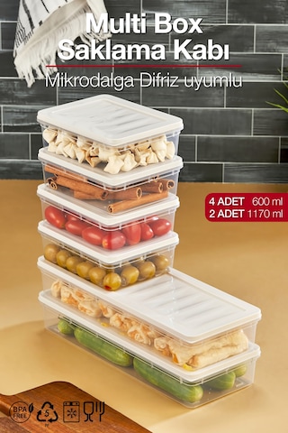 Multi Box 6 Lı Set Saklama Kabı Seti 2 Farklı Boy- Dondurucu & Mikrodalga Uyumlu Krem
