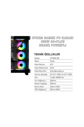Gameagle STORMLPM Storm 7 Argb Fanlı Gamer Bilgisayar Kasası 850w 80+ Plus Bronz Power'lı Siyah