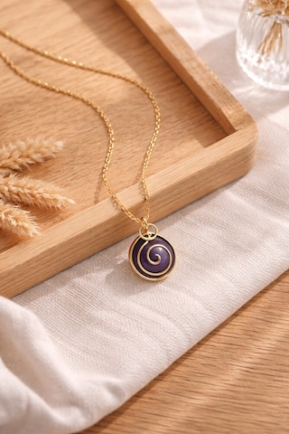 Mor Doğal Taşlı Spiral Detaylı Altın Renk Zincir Kolye El İşçil Çok Renkli