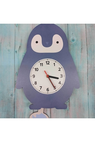 Sallanan Sarkaçlı Penguen Desenli Çocuk Odası Duvar Saati Çok Renkli