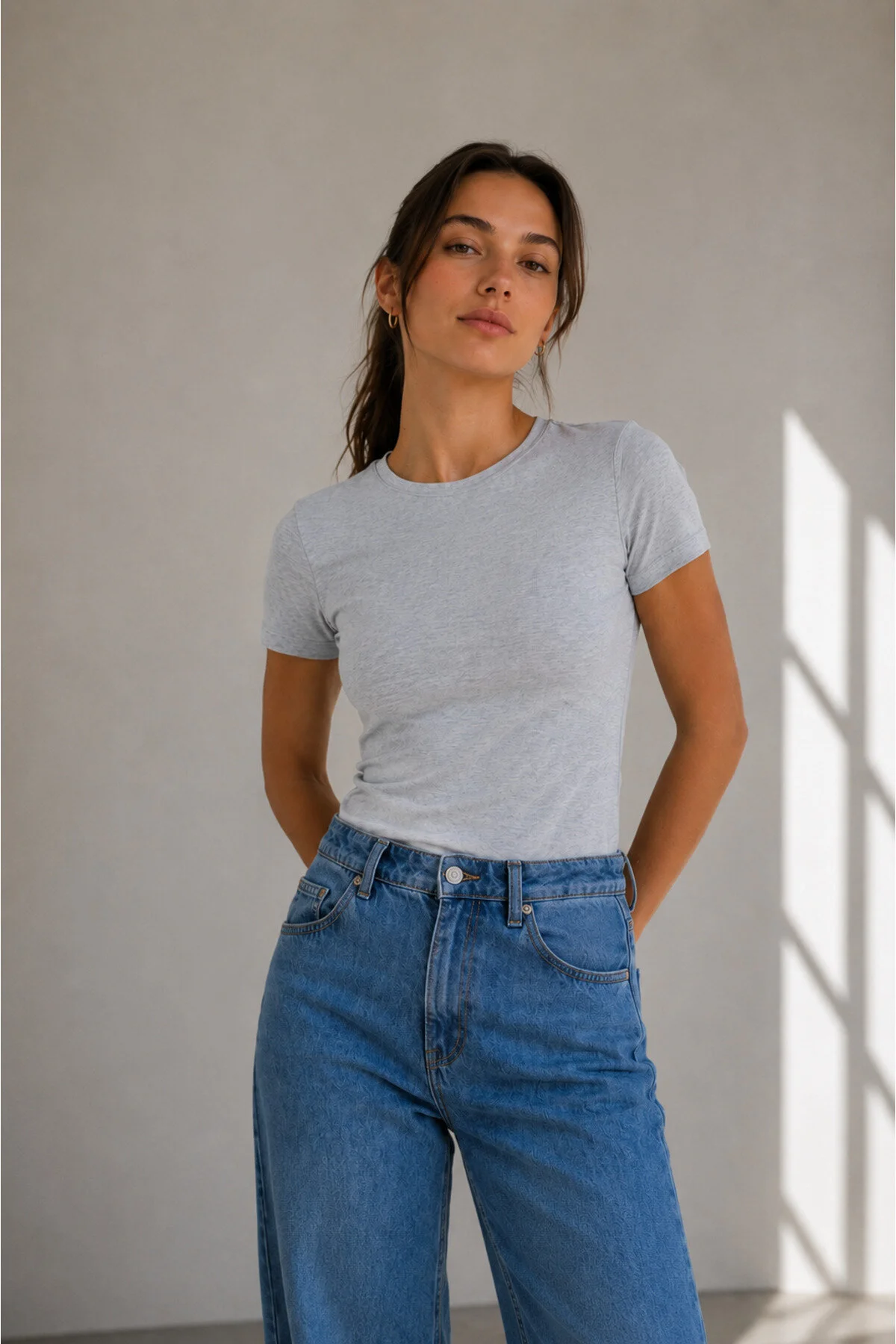 Siempre Kadın Gri Melanj Slim Fit Basic Bisiklet Yaka Tshırt