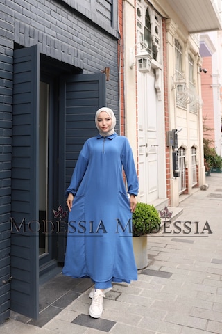 Kadın Mavi Aerobin Uzun Önü Yarım Fermuarlı İkili Takım T1217 Mavi