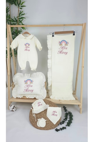 Gros Shop Müslin Yeni Doğan 4 Katlı Organik %100pamuk Kişiye Özgü Nakışlı Hastane Çıkış Seti-pudra Gökkuşağı Ekru-1
