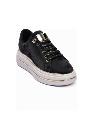 Mubiano Kadın Sneaker Kadife Desenli Gold Detaylı Kalın Tabanlı Spor Ayakkabı Lilium Siyah Siyah