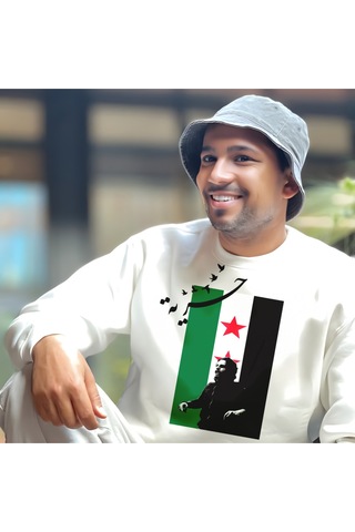 Discost Suriye Özgür Baskılı Bisiklet Yaka Sweatshirt Beyaz