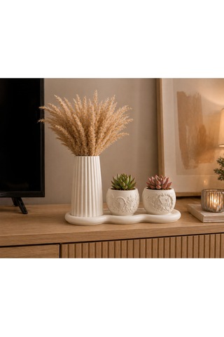 3 Lü Taş Tozu Dekoratif Vazo Seti Pampas & Sukulent Uyumlu El Yapımı Modern Set