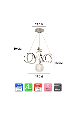 Ransom Toplu Kumandalı Krom Gümüş Dimmerli Ledli Kıvrım Avize Gri