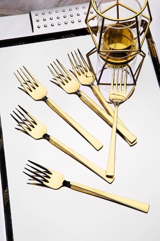 Tatlı Çatal Seti, Gold Renkli, 6 Adet Çatal Seti, Çelik, 16 Cm, Metalik Gold, Paslanmaz, Kutulu Diğer
