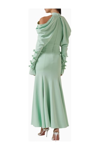 Ac By Aanchal Chanda Draped Off - Shoulder Omuz Açık Çiçek Aplikeli Maxi Kadın Elbise Açık Yeşil