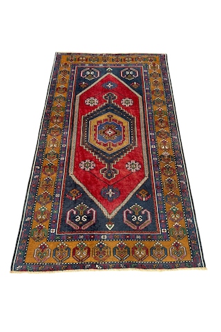 El Dokuma Eskitme İnce Yahyalı 101x175 Kırmızı Lacivert Yün Halı Kırmızı